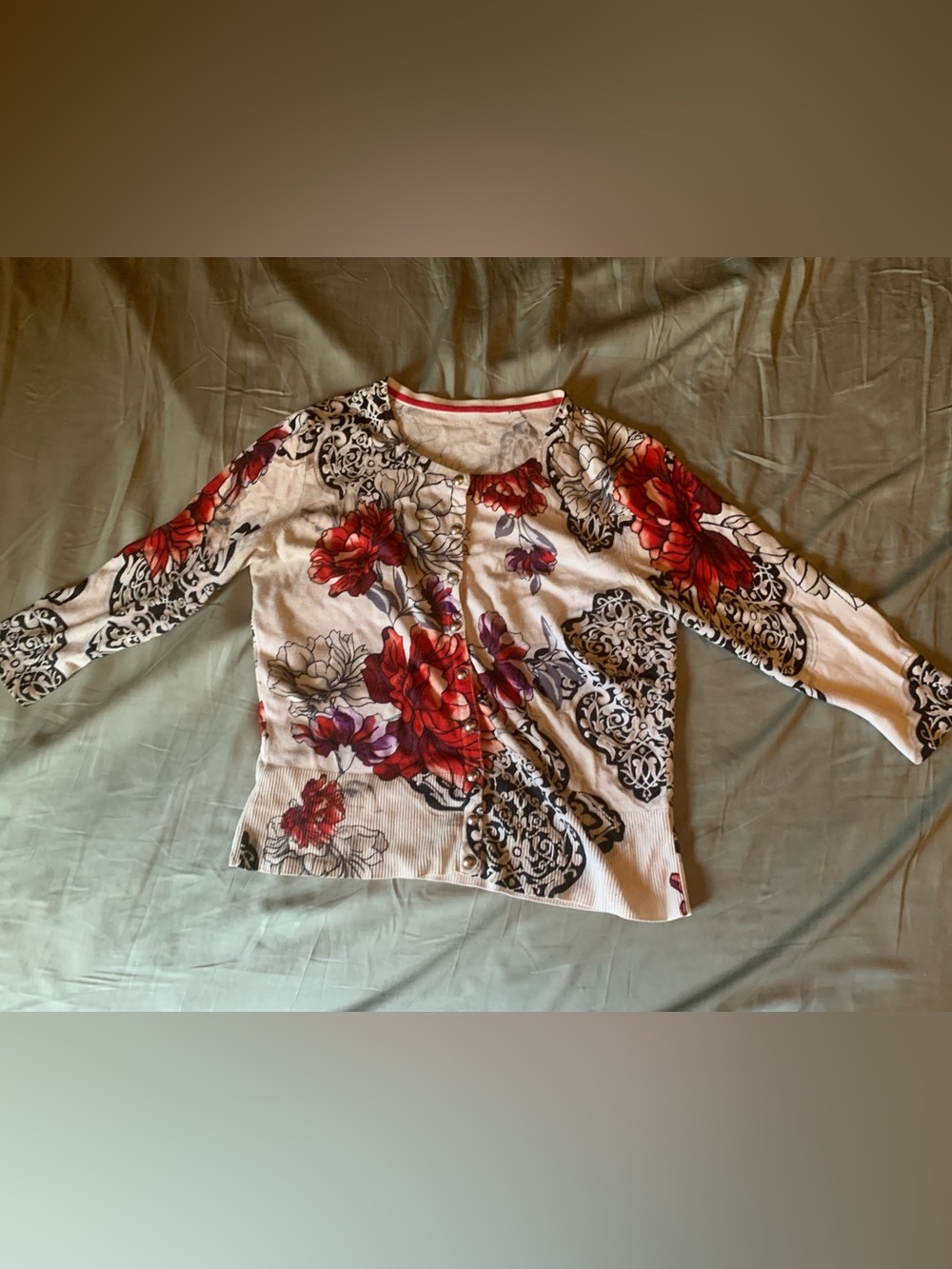 Floral Button-Up Cardigan with Red Roses